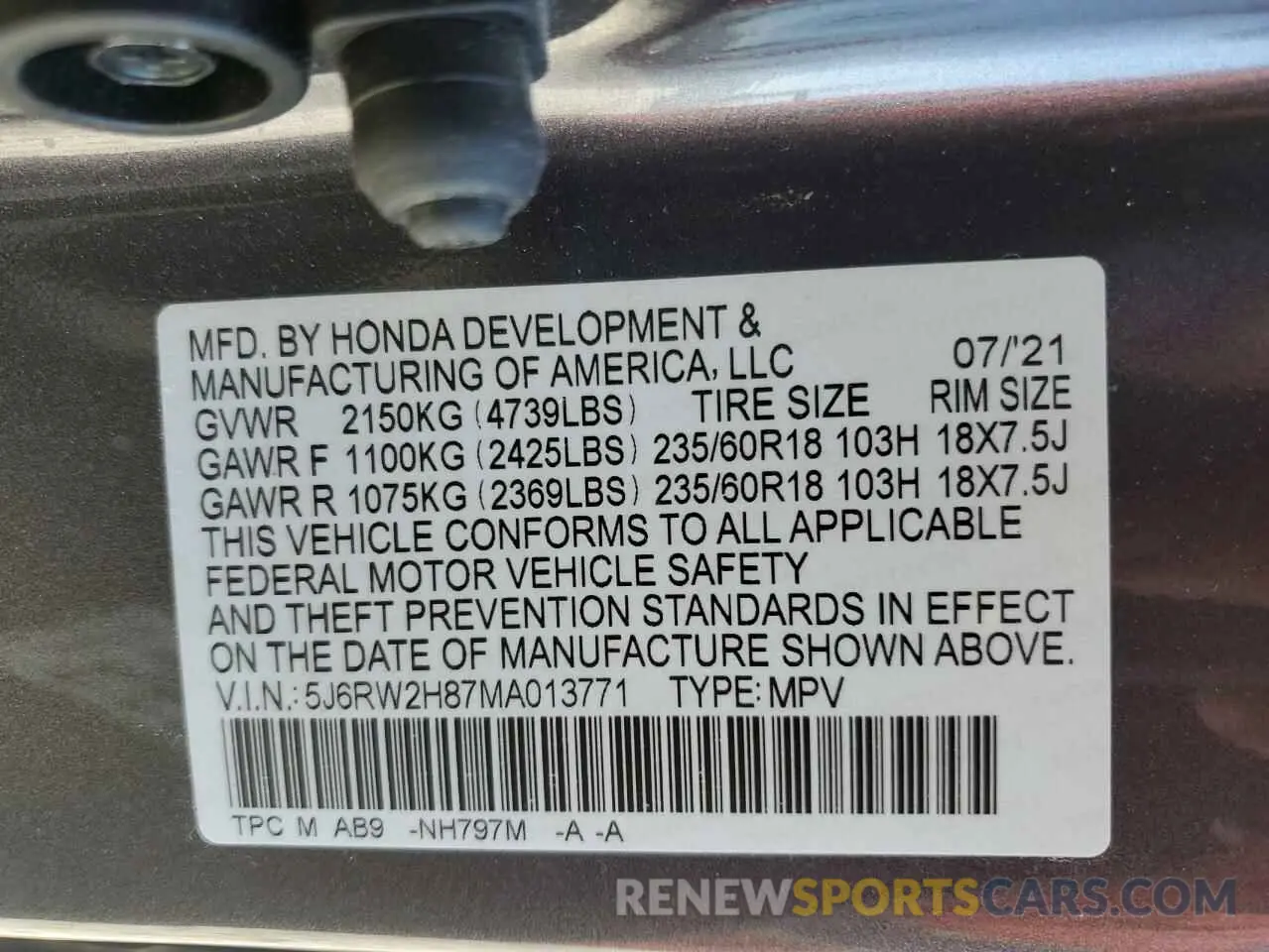 13 Photograph of a damaged car 5J6RW2H87MA013771 HONDA CRV 2021