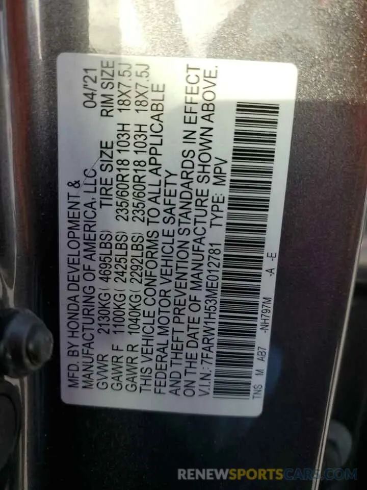 14 Photograph of a damaged car 7FARW1H53ME012781 HONDA CRV 2021