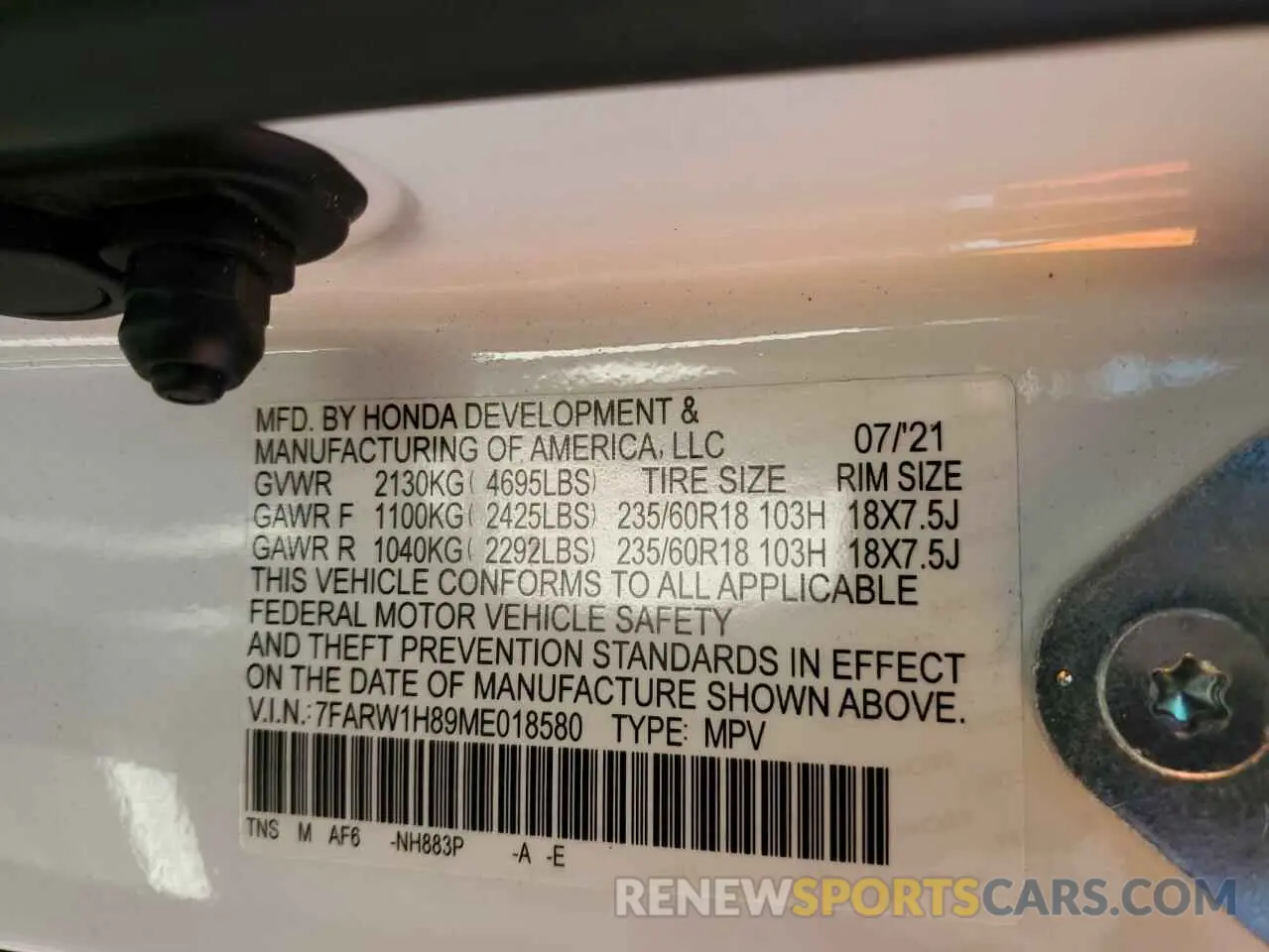 13 Photograph of a damaged car 7FARW1H89ME018580 HONDA CRV 2021