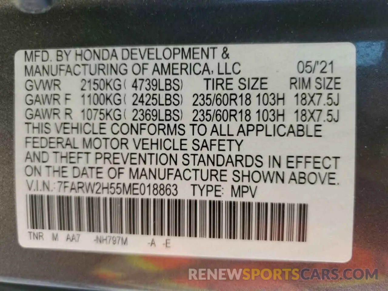 13 Фотография поврежденного автомобиля 7FARW2H55ME018863 HONDA CRV 2021