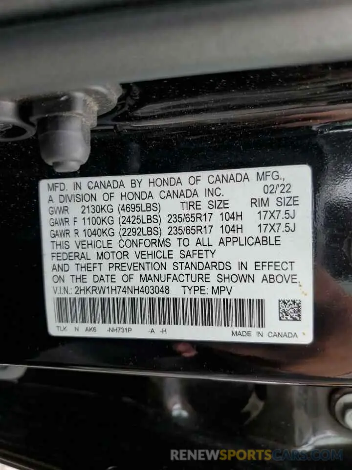 13 Photograph of a damaged car 2HKRW1H74NH403048 HONDA CRV 2022