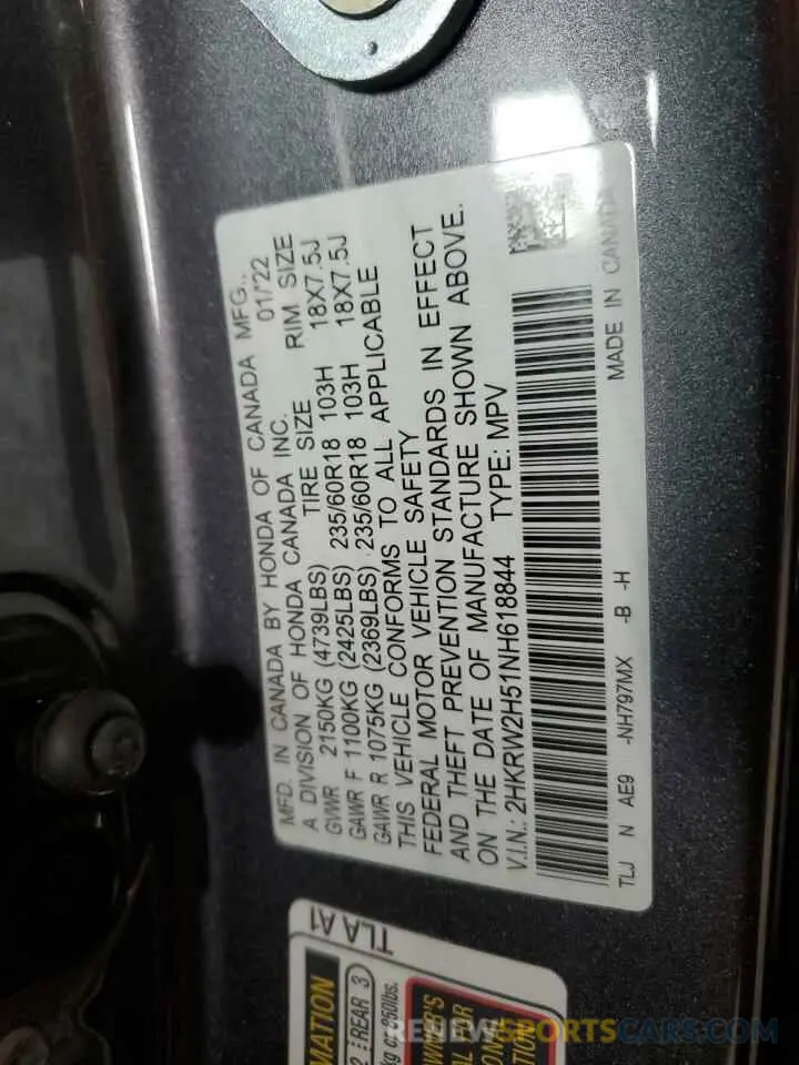 13 Photograph of a damaged car 2HKRW2H51NH618844 HONDA CRV 2022