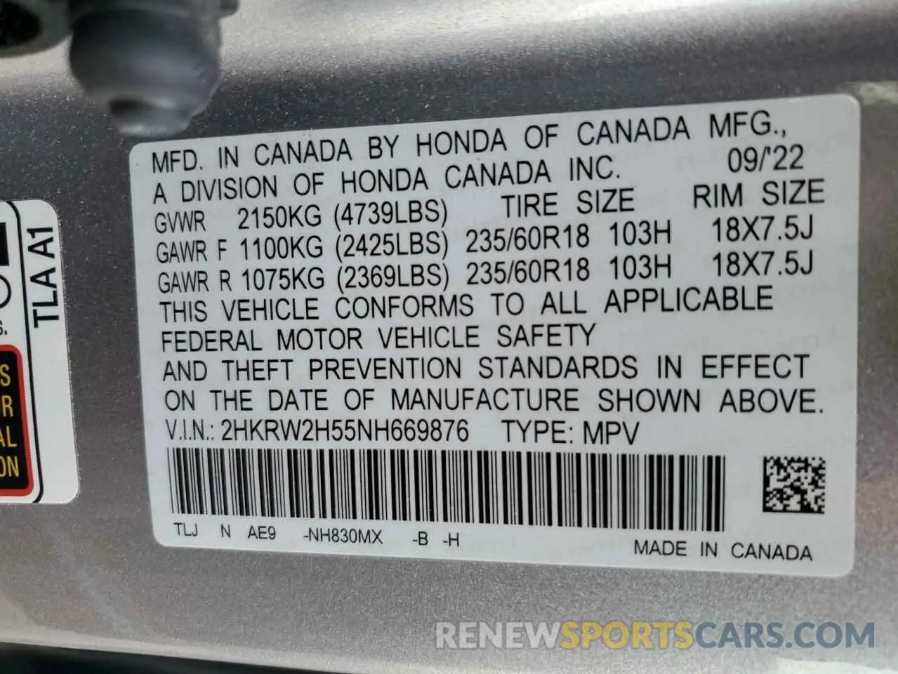 13 Фотография поврежденного автомобиля 2HKRW2H55NH669876 HONDA CRV 2022