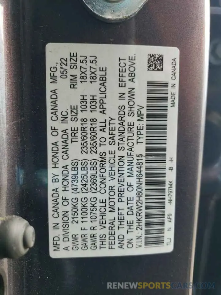 13 Photograph of a damaged car 2HKRW2H80NH644815 HONDA CRV 2022