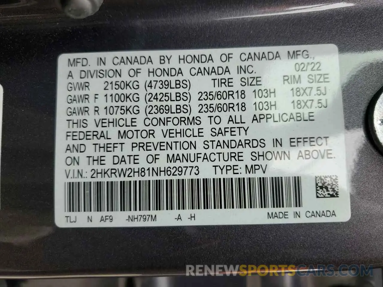 13 Photograph of a damaged car 2HKRW2H81NH629773 HONDA CRV 2022