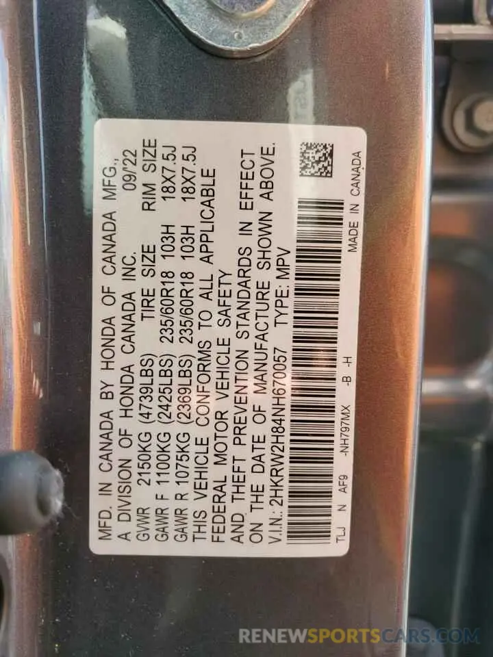 13 Фотография поврежденного автомобиля 2HKRW2H84NH670057 HONDA CRV 2022