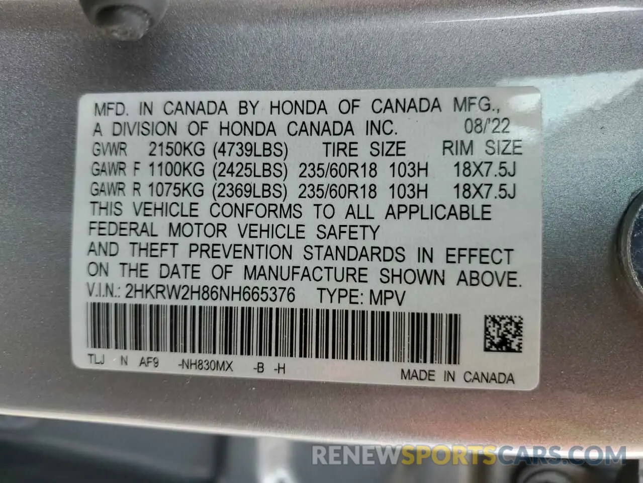 13 Фотография поврежденного автомобиля 2HKRW2H86NH665376 HONDA CRV 2022