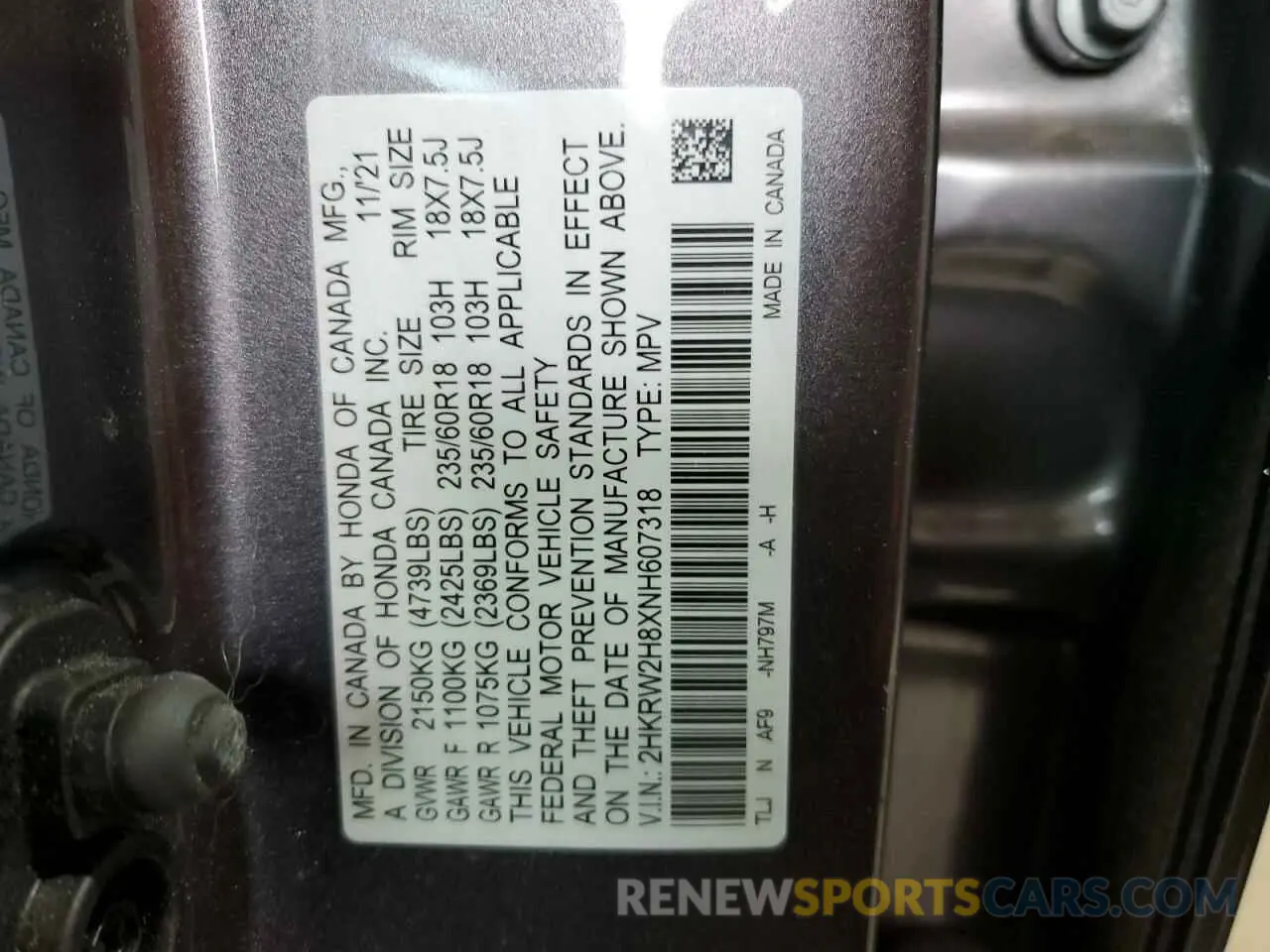 13 Photograph of a damaged car 2HKRW2H8XNH607318 HONDA CRV 2022