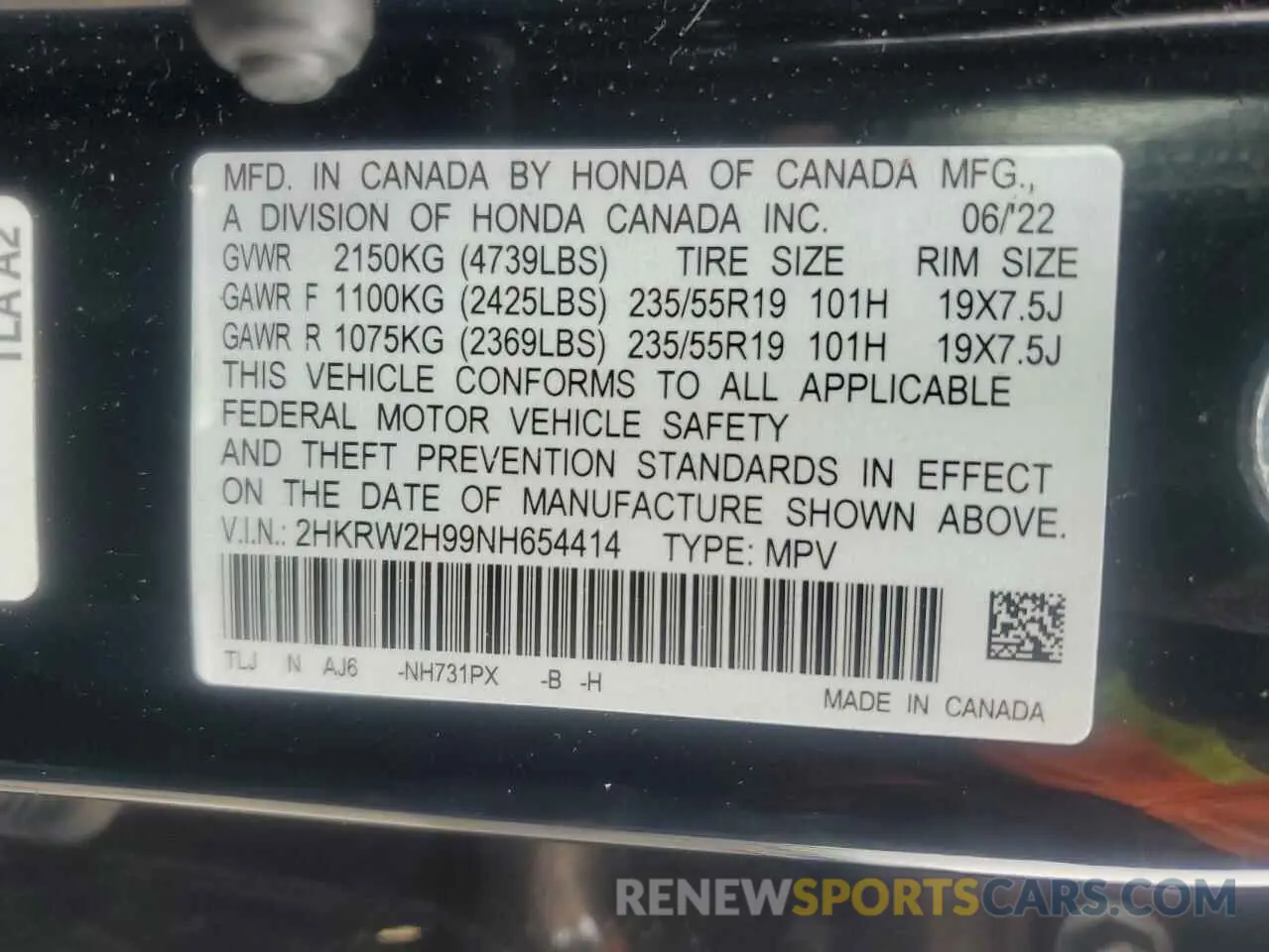 13 Photograph of a damaged car 2HKRW2H99NH654414 HONDA CRV 2022