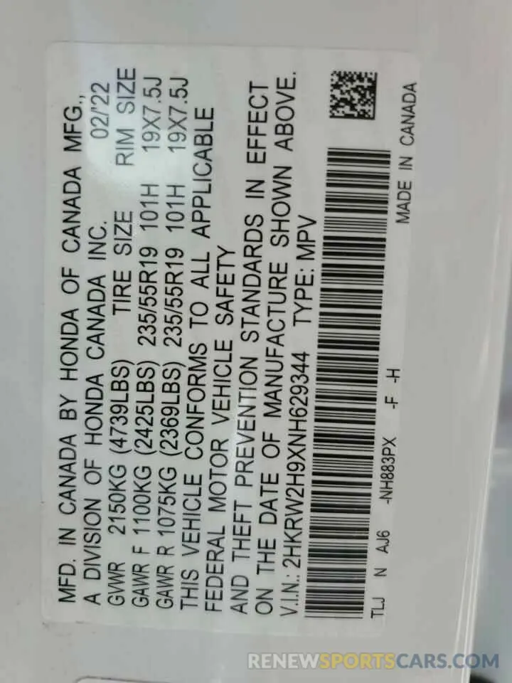 14 Фотография поврежденного автомобиля 2HKRW2H9XNH629344 HONDA CRV 2022