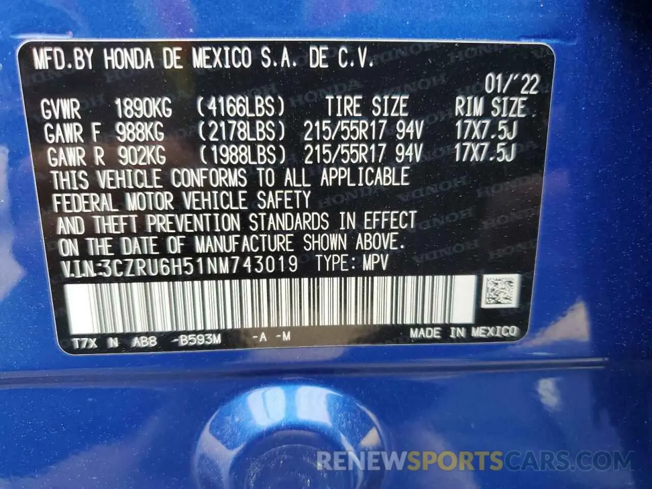 14 Фотография поврежденного автомобиля 3CZRU6H51NM743019 HONDA CRV 2022