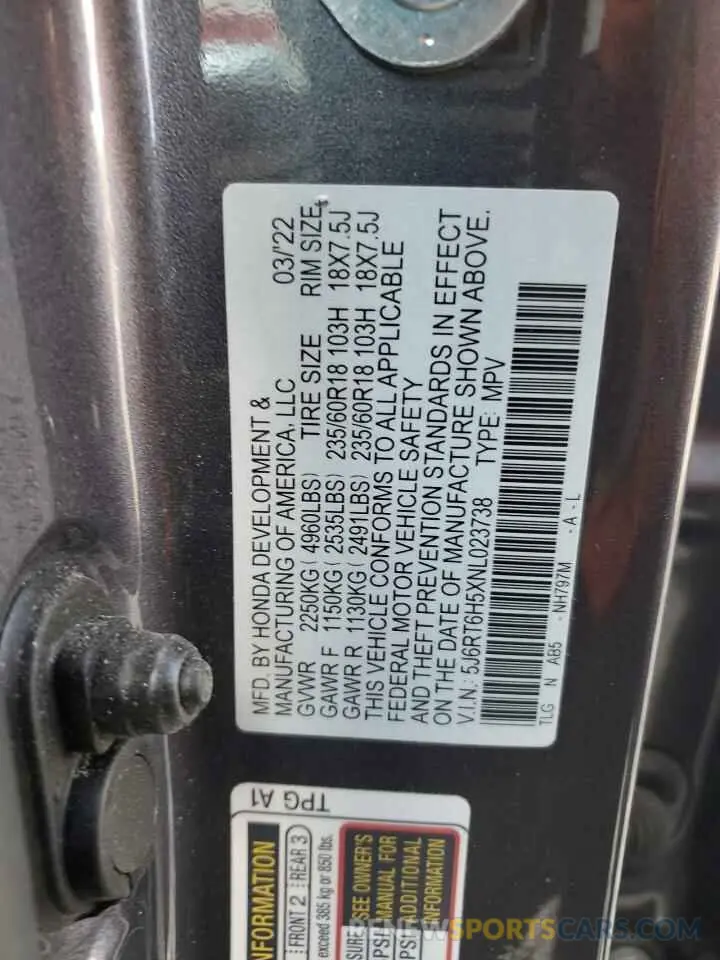 13 Фотография поврежденного автомобиля 5J6RT6H5XNL023738 HONDA CRV 2022