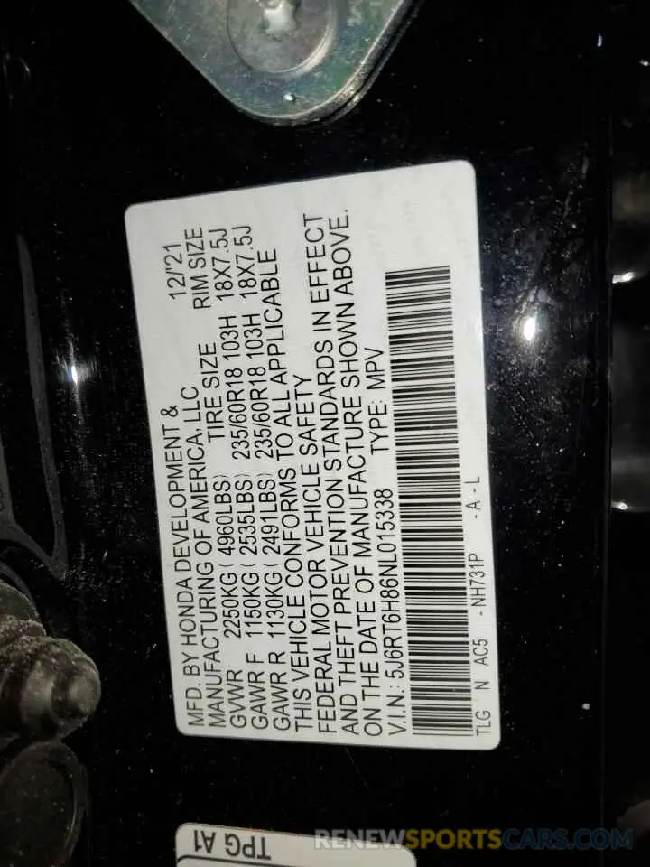 13 Фотография поврежденного автомобиля 5J6RT6H86NL015338 HONDA CRV 2022