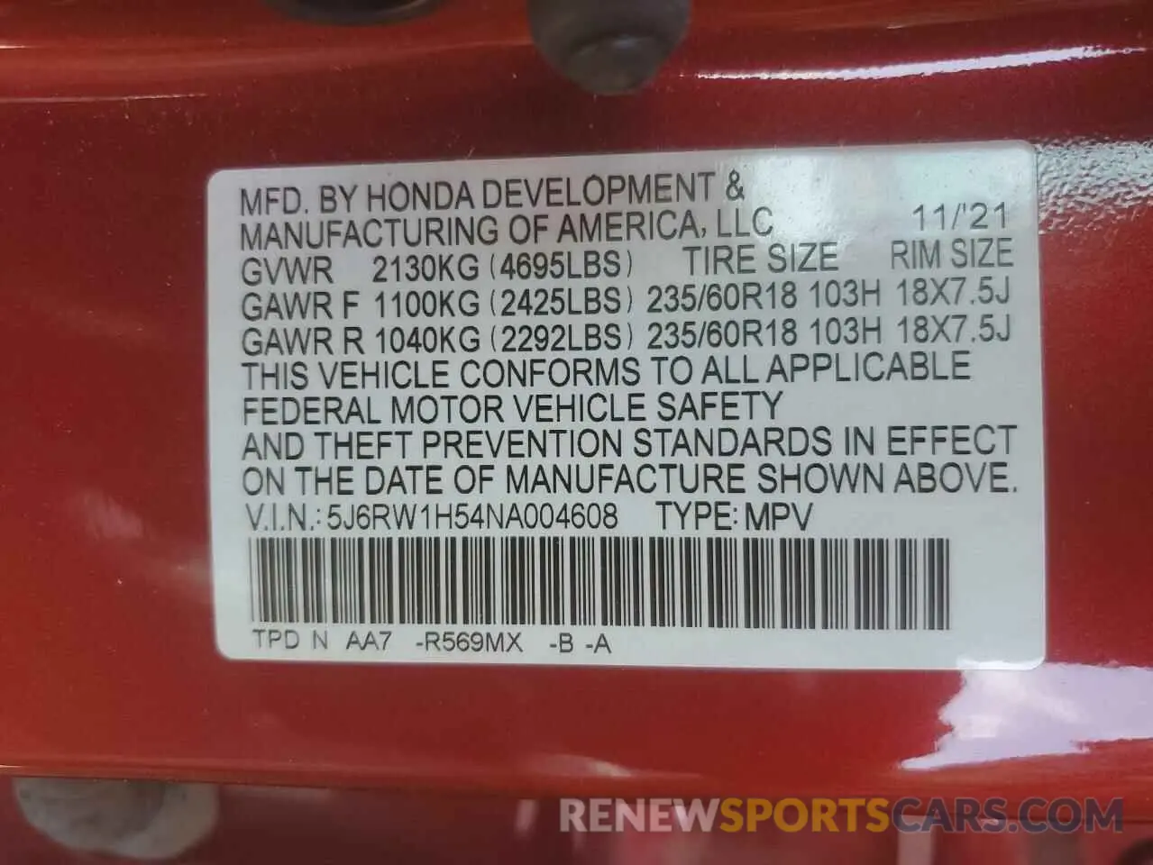 13 Photograph of a damaged car 5J6RW1H54NA004608 HONDA CRV 2022