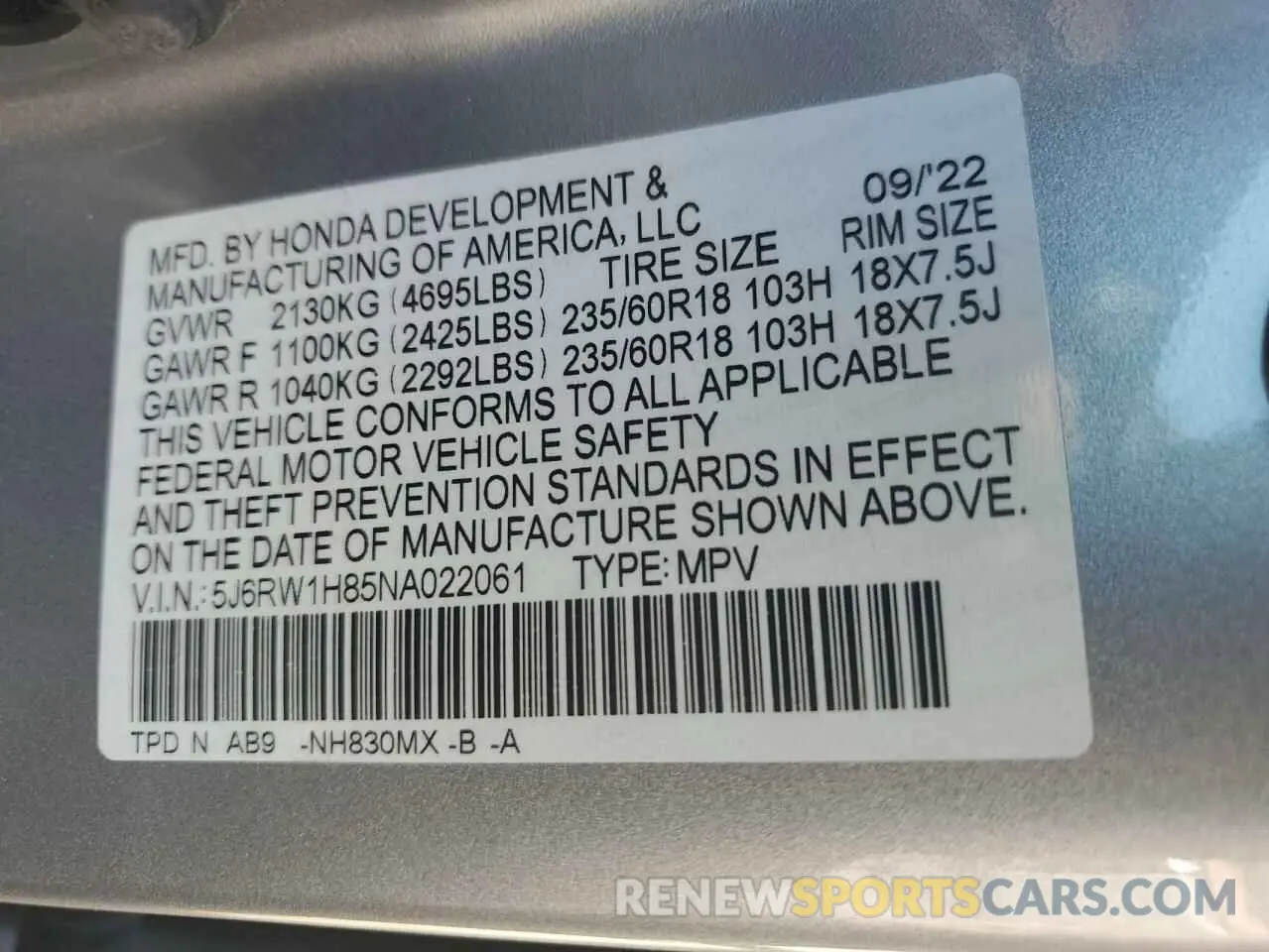13 Photograph of a damaged car 5J6RW1H85NA022061 HONDA CRV 2022