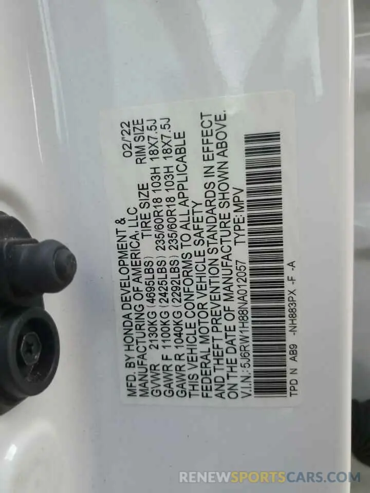 12 Фотография поврежденного автомобиля 5J6RW1H88NA012057 HONDA CRV 2022