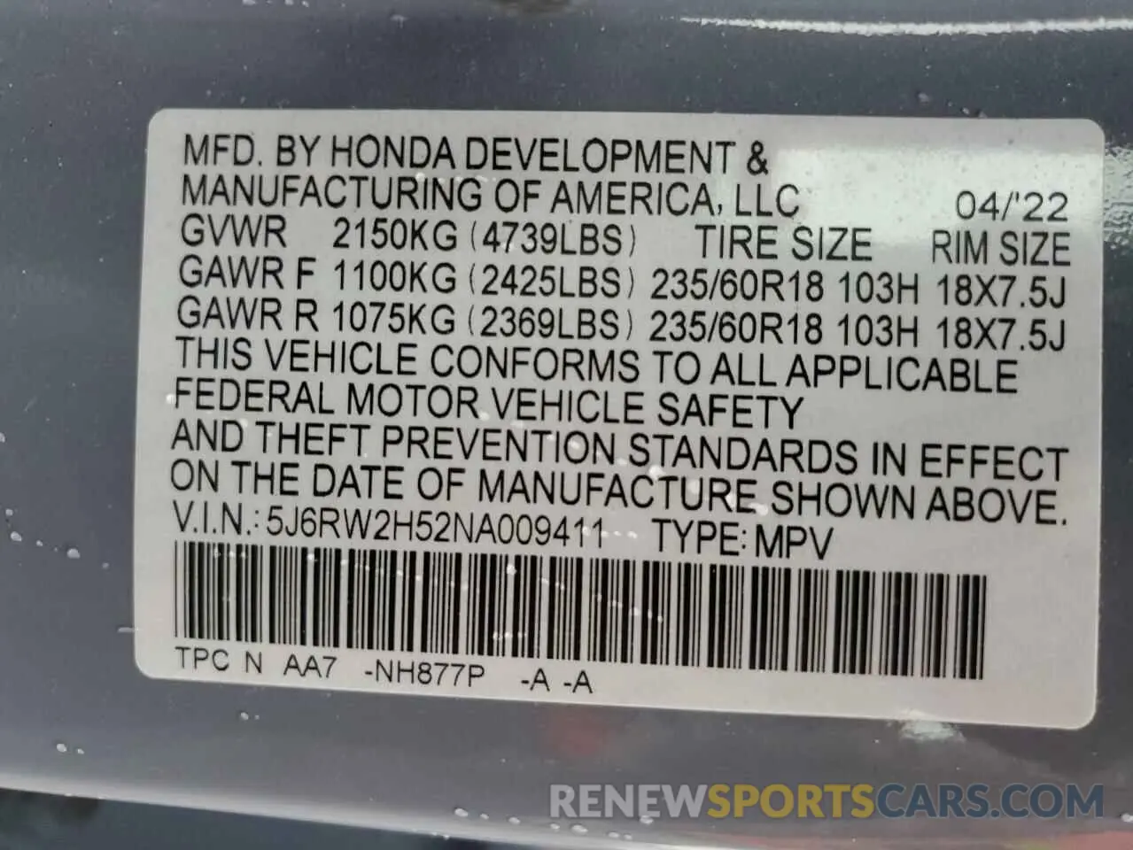 15 Photograph of a damaged car 5J6RW2H52NA009411 HONDA CRV 2022