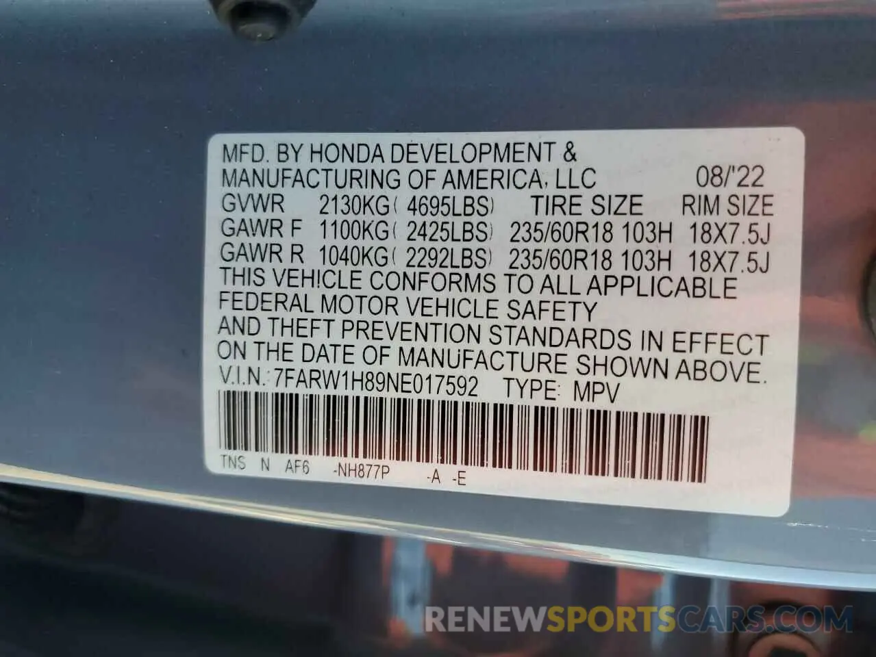 16 Photograph of a damaged car 7FARW1H89NE017592 HONDA CRV 2022