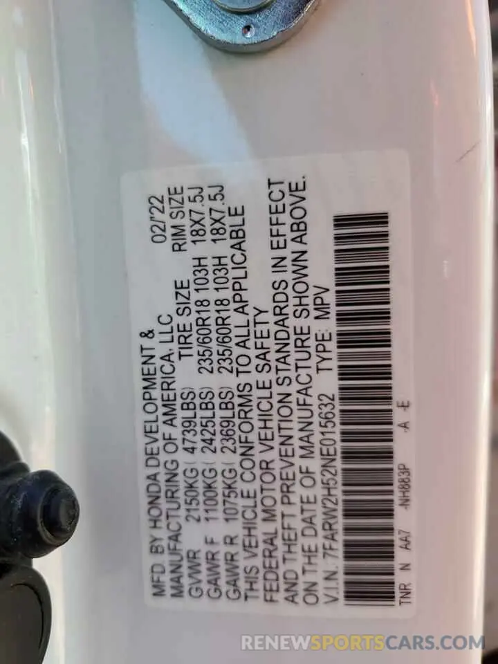 15 Photograph of a damaged car 7FARW2H52NE015632 HONDA CRV 2022