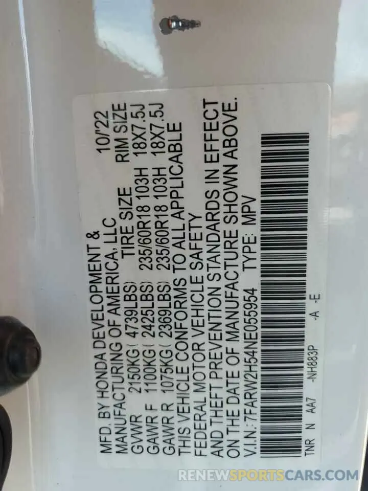 14 Фотография поврежденного автомобиля 7FARW2H54NE055954 HONDA CRV 2022