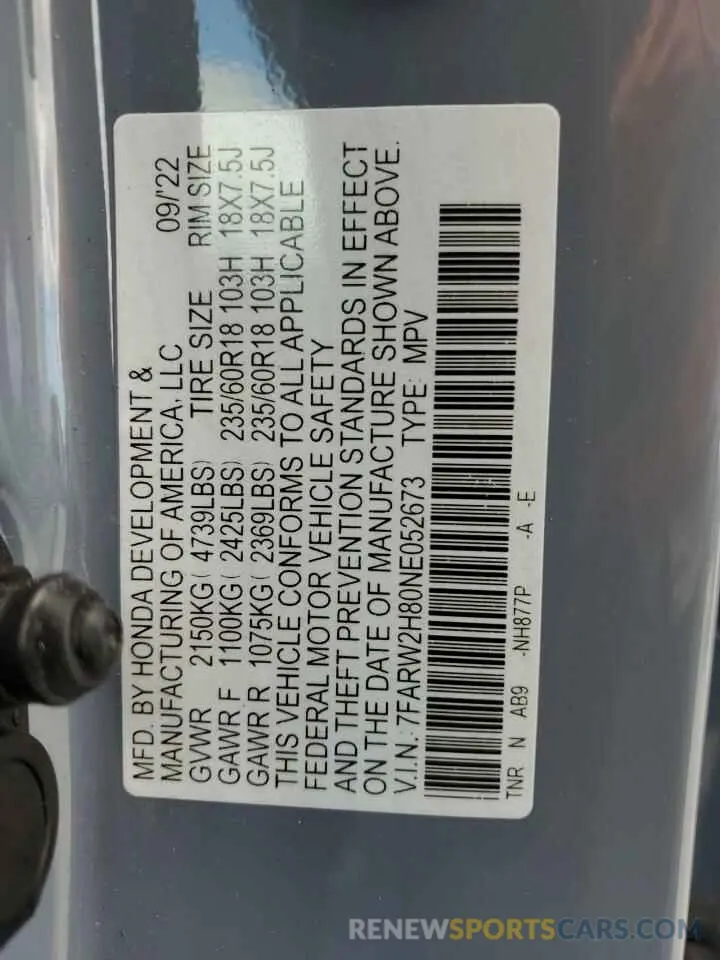 13 Фотография поврежденного автомобиля 7FARW2H80NE052673 HONDA CRV 2022