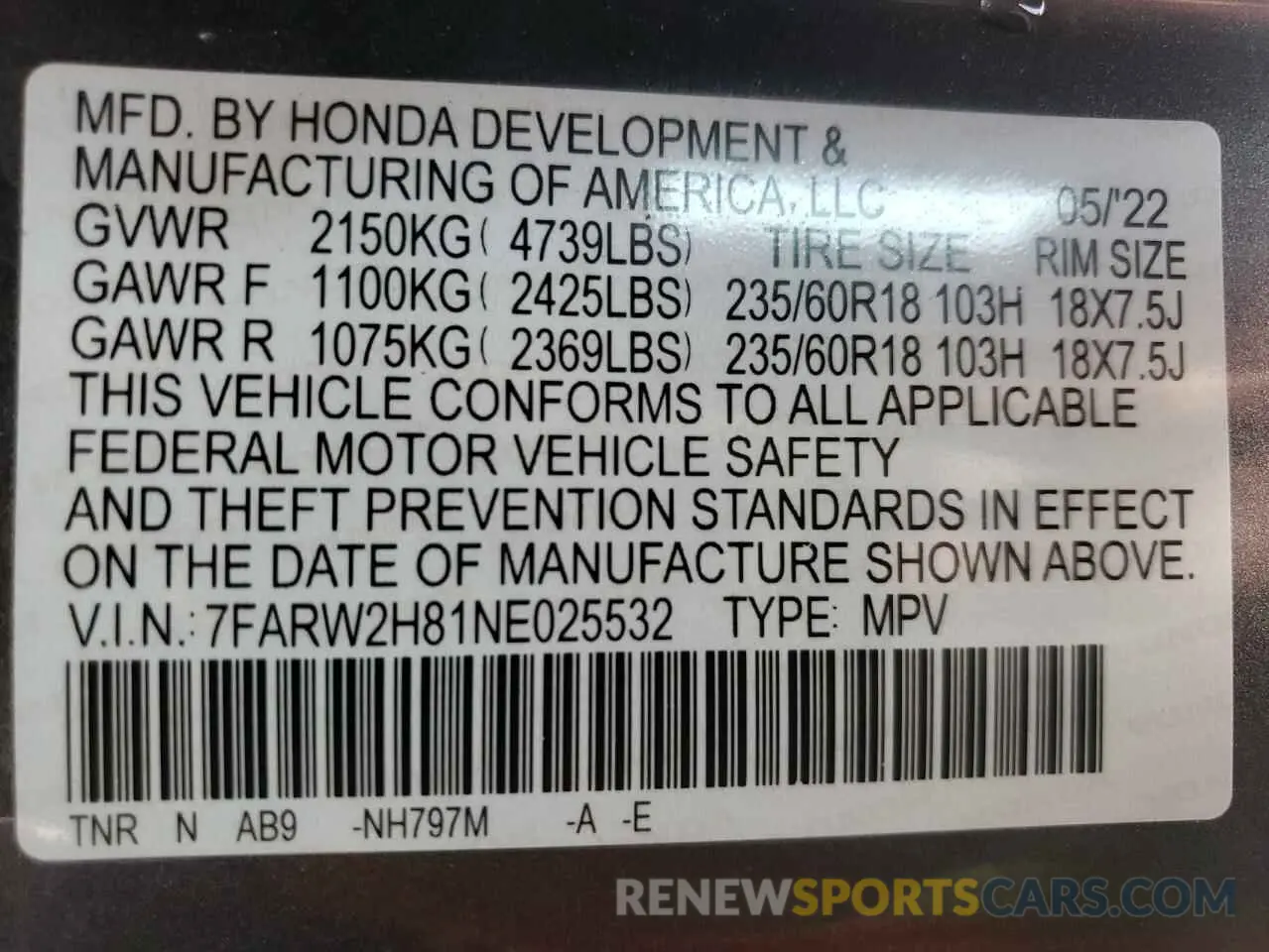 13 Фотография поврежденного автомобиля 7FARW2H81NE025532 HONDA CRV 2022
