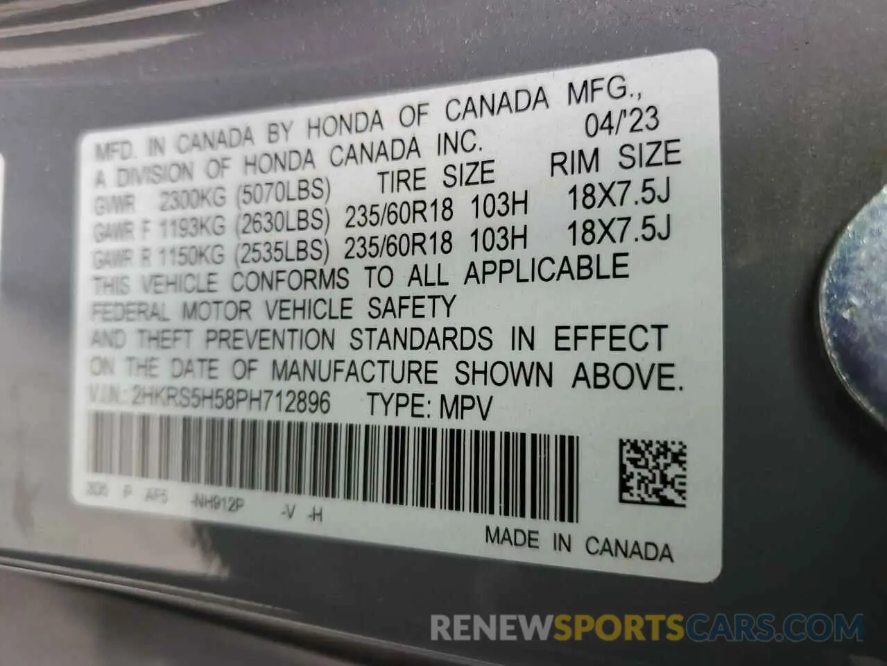 13 Фотография поврежденного автомобиля 2HKRS5H58PH712896 HONDA CRV 2023