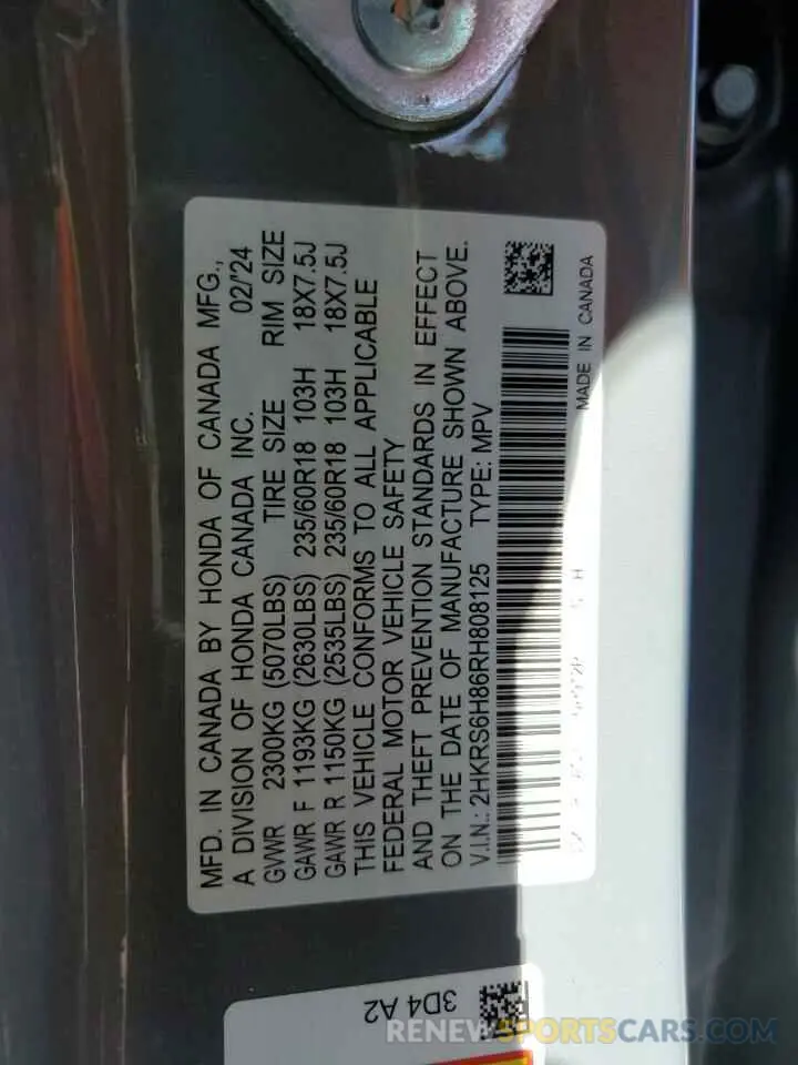 13 Photograph of a damaged car 2HKRS6H86RH808125 HONDA CRV 2024