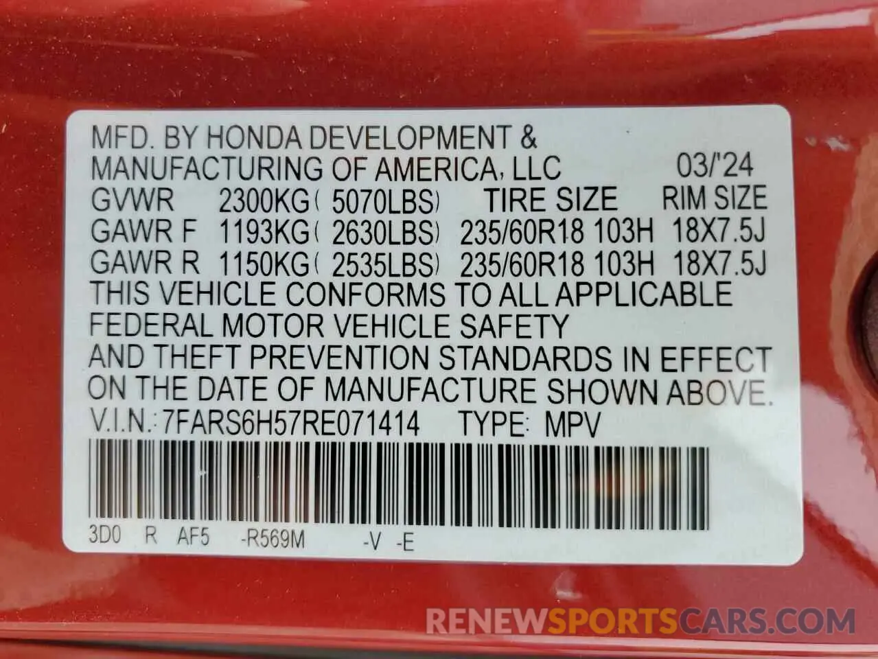 13 Photograph of a damaged car 7FARS6H57RE071414 HONDA CRV 2024