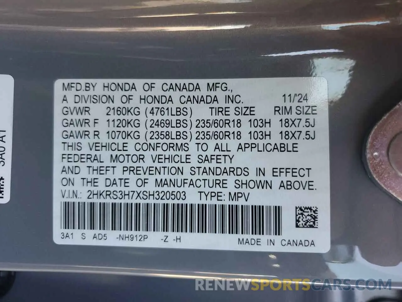 14 Фотография поврежденного автомобиля 2HKRS3H7XSH320503 HONDA CRV 2025