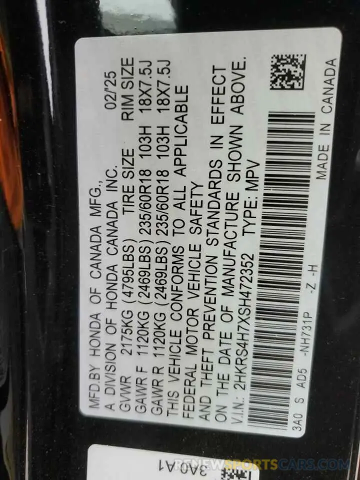 14 Фотография поврежденного автомобиля 2HKRS4H7XSH472352 HONDA CRV 2025