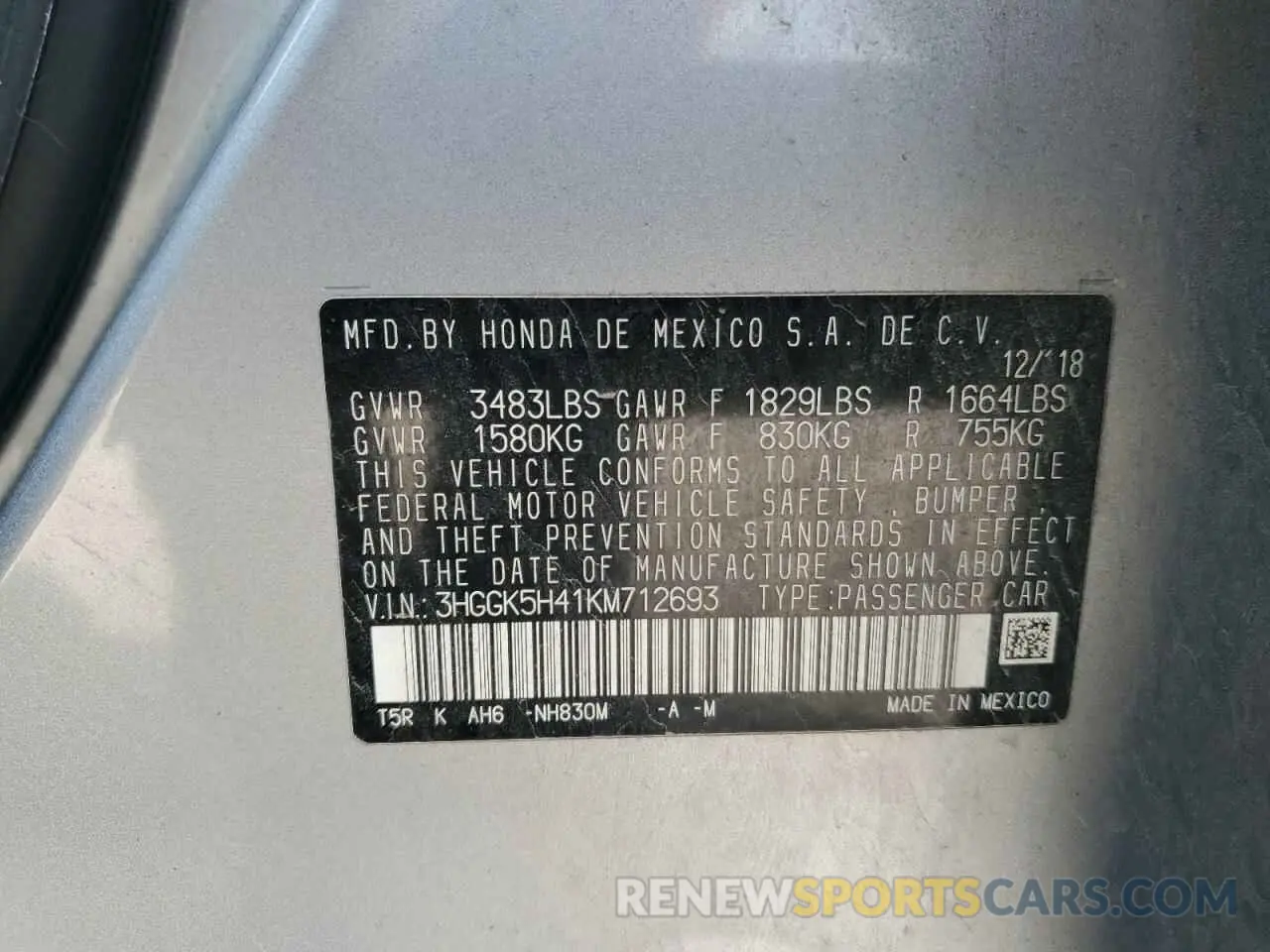 12 Photograph of a damaged car 3HGGK5H41KM712693 HONDA FIT 2019