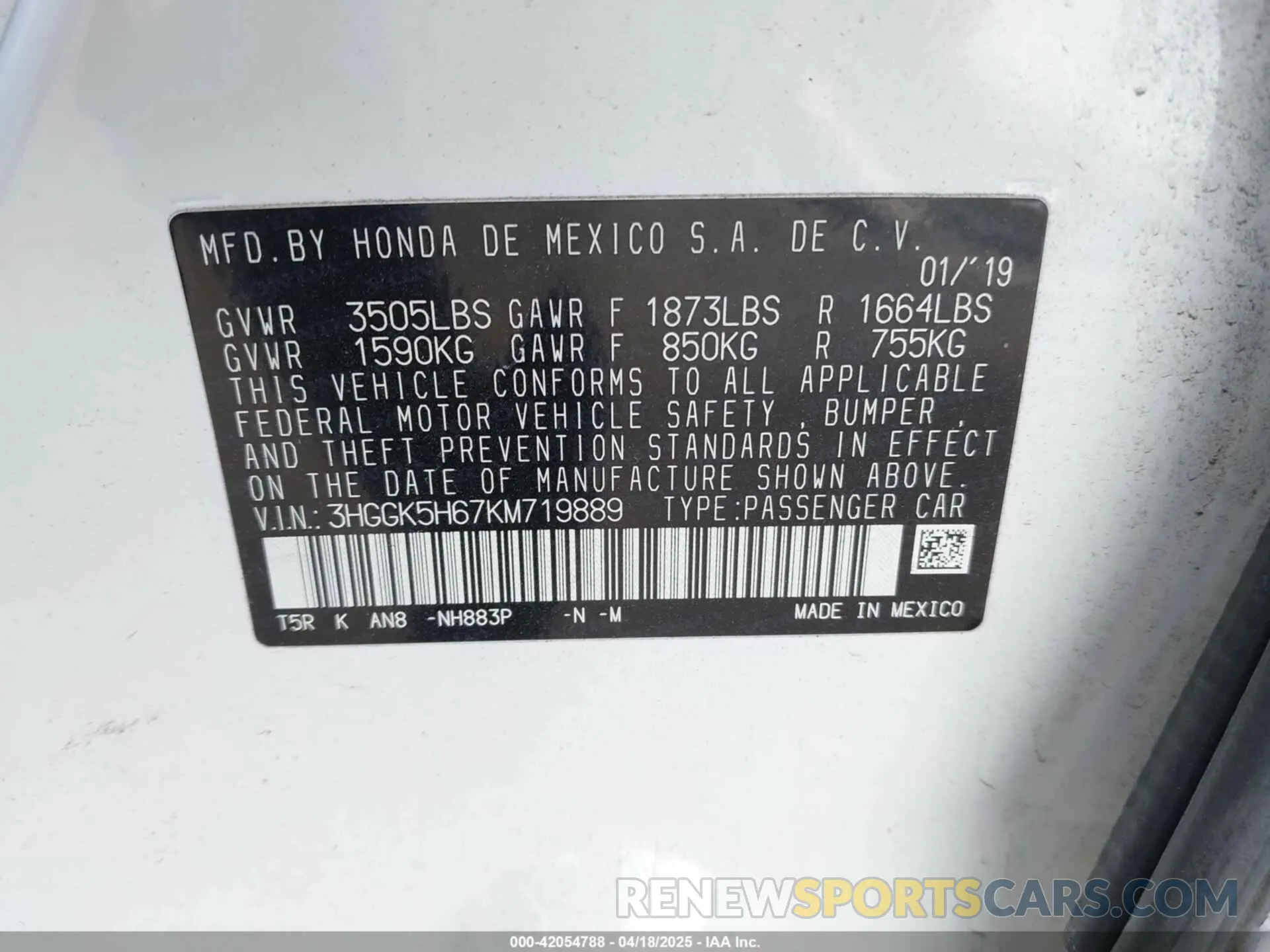9 Photograph of a damaged car 3HGGK5H67KM719889 HONDA FIT 2019