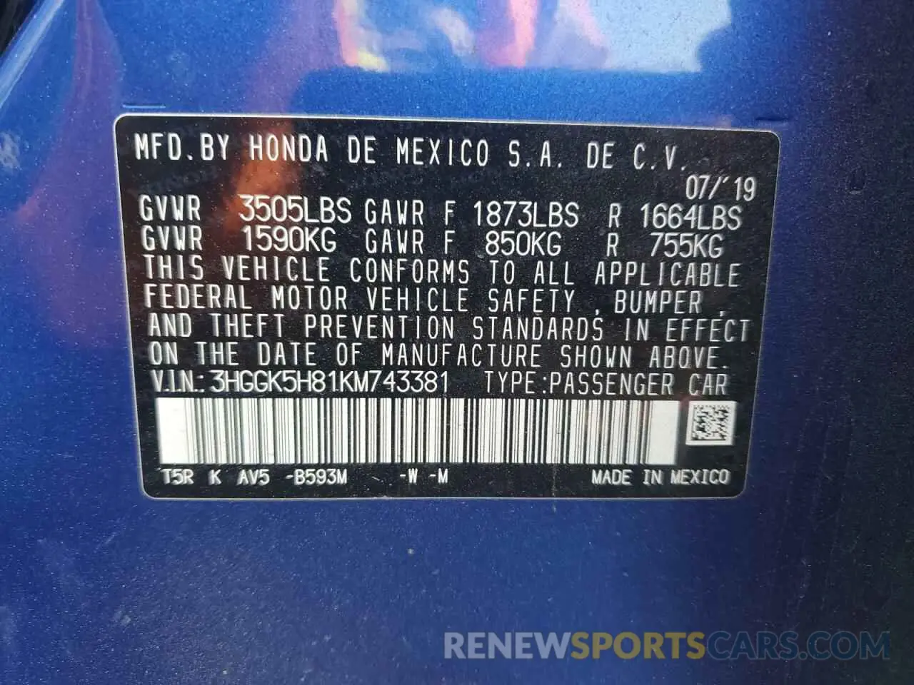 14 Photograph of a damaged car 3HGGK5H81KM743381 HONDA FIT 2019