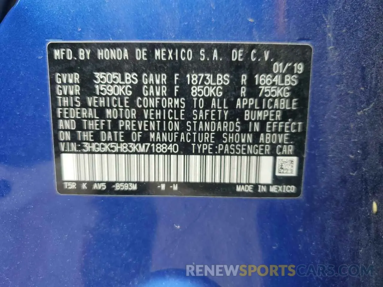 13 Photograph of a damaged car 3HGGK5H83KM718840 HONDA FIT 2019