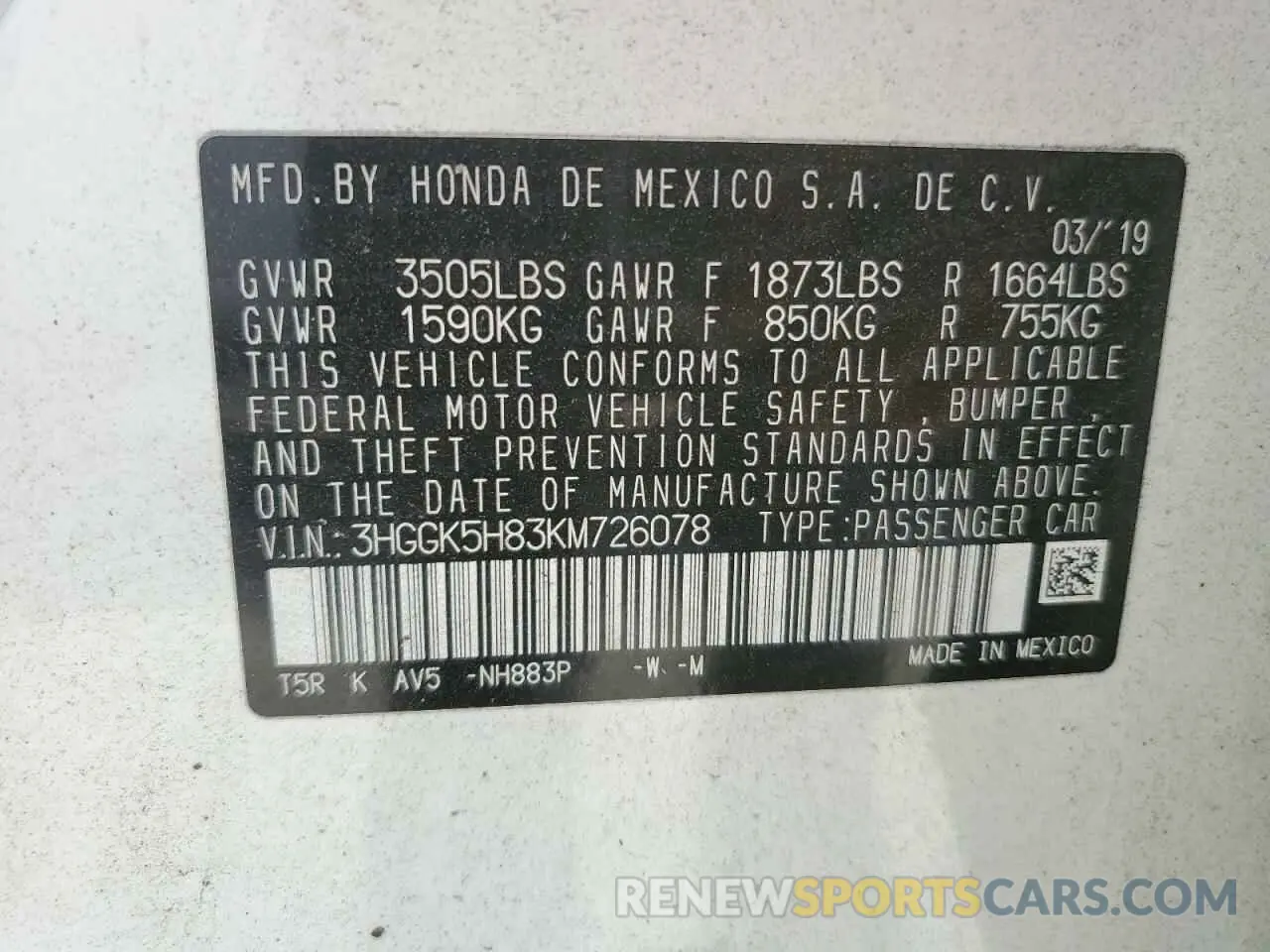 14 Photograph of a damaged car 3HGGK5H83KM726078 HONDA FIT 2019