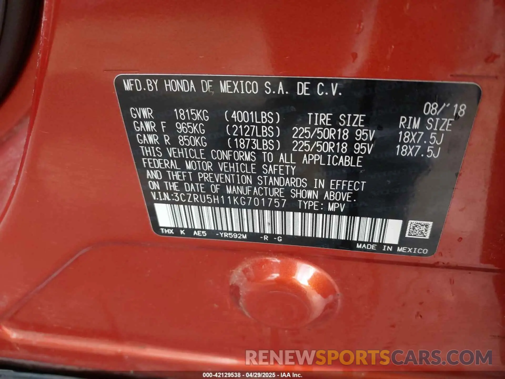 9 Photograph of a damaged car 3CZRU5H11KG701757 HONDA HR-V 2019