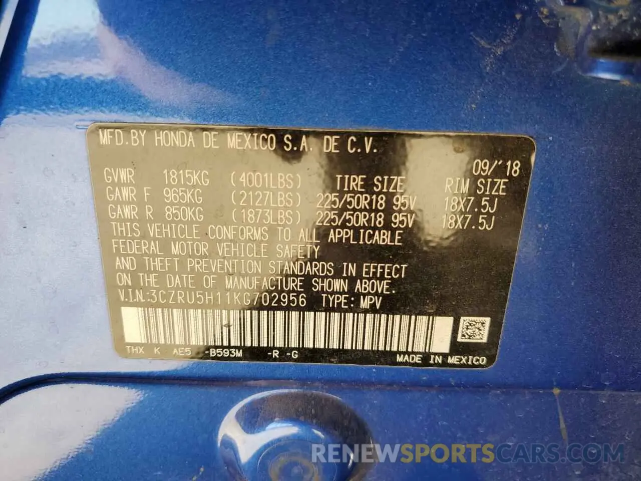 12 Photograph of a damaged car 3CZRU5H11KG702956 HONDA HR-V 2019