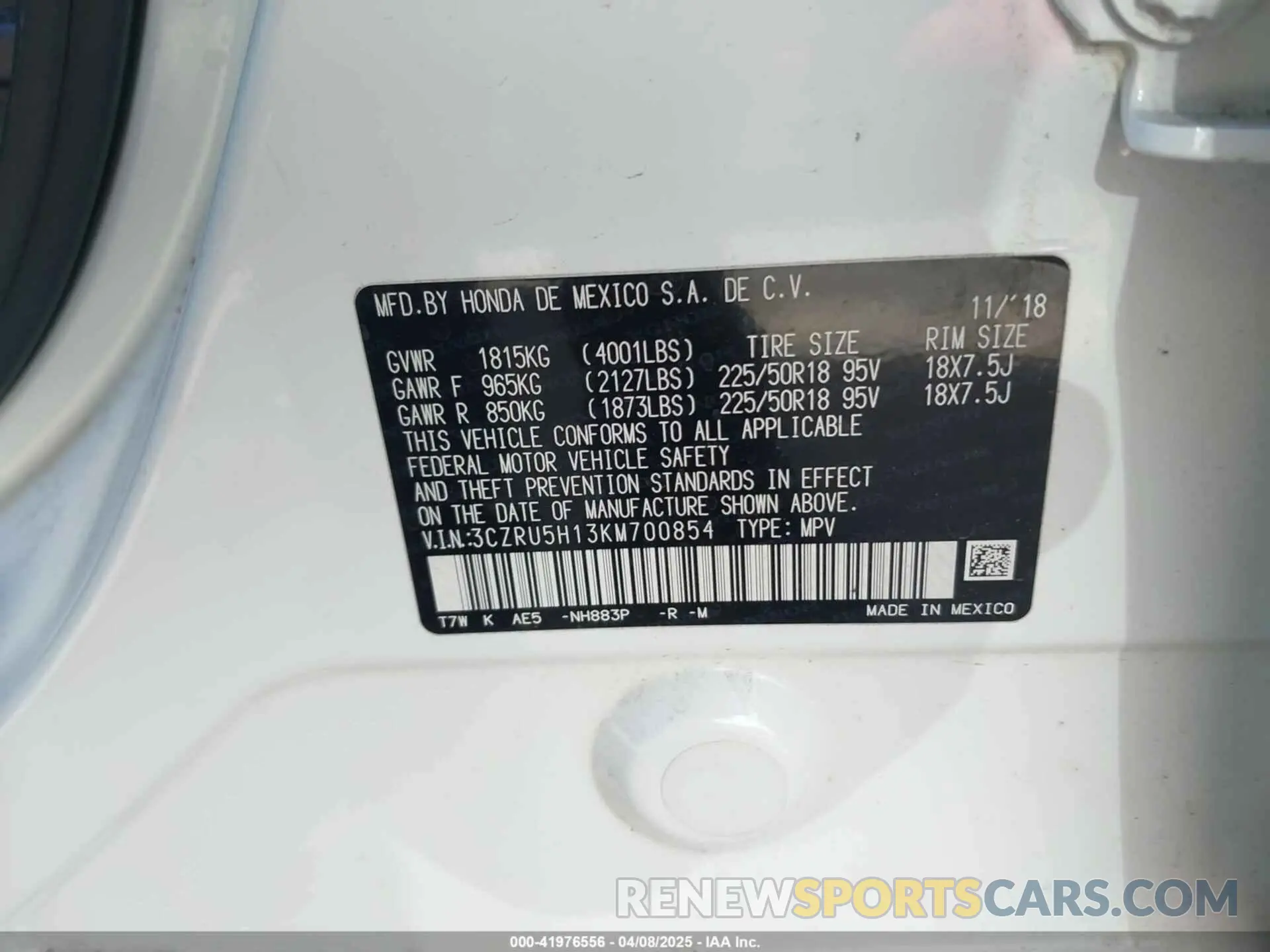 9 Photograph of a damaged car 3CZRU5H13KM700854 HONDA HR-V 2019