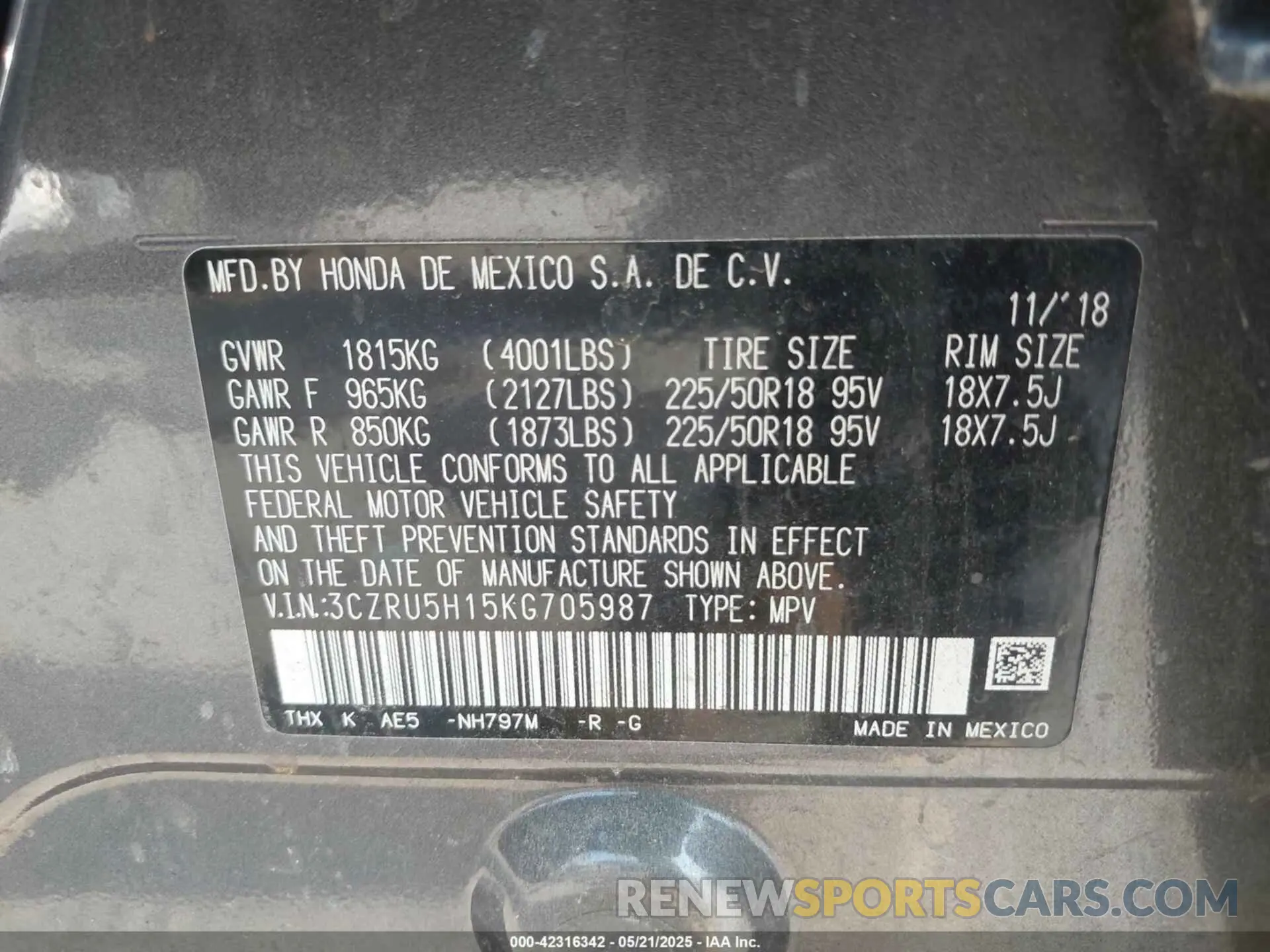 9 Фотография поврежденного автомобиля 3CZRU5H15KG705987 HONDA HR-V 2019