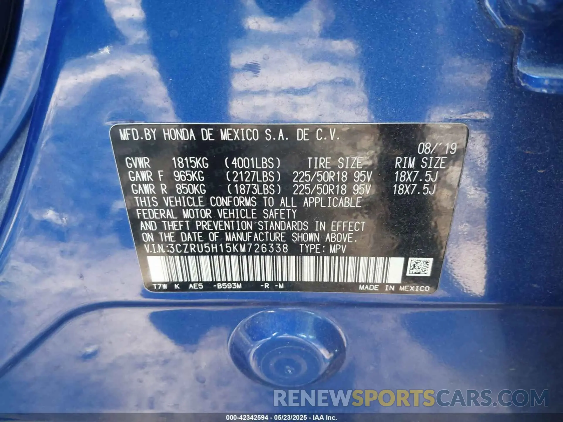 9 Фотография поврежденного автомобиля 3CZRU5H15KM726338 HONDA HR-V 2019