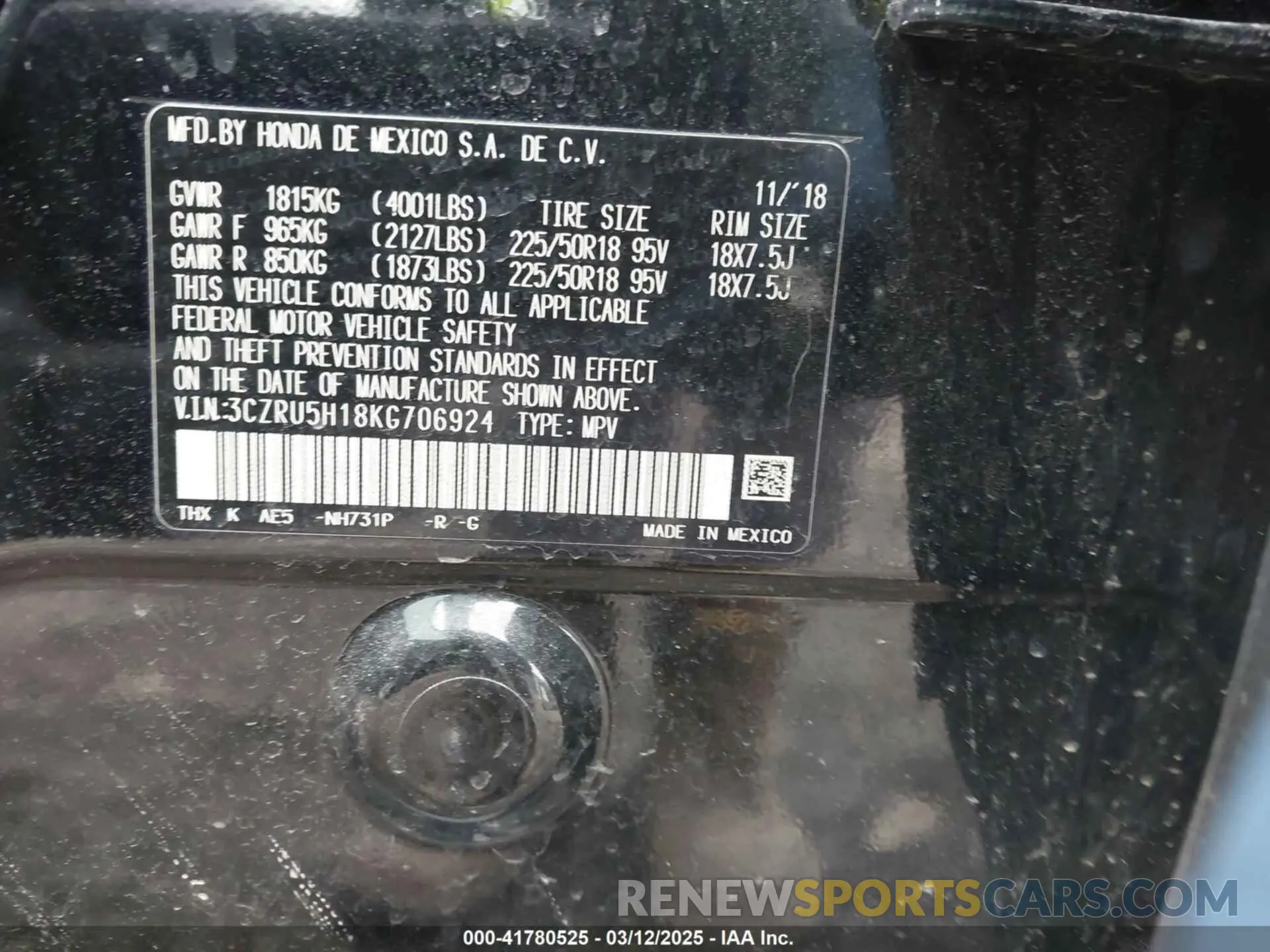 9 Photograph of a damaged car 3CZRU5H18KG706924 HONDA HR-V 2019