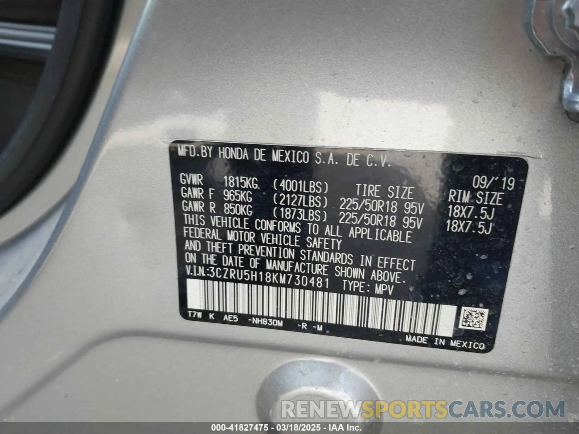 9 Фотография поврежденного автомобиля 3CZRU5H18KM730481 HONDA HR-V 2019