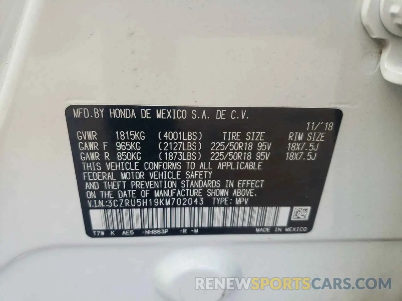 12 Photograph of a damaged car 3CZRU5H19KM702043 HONDA HR-V 2019