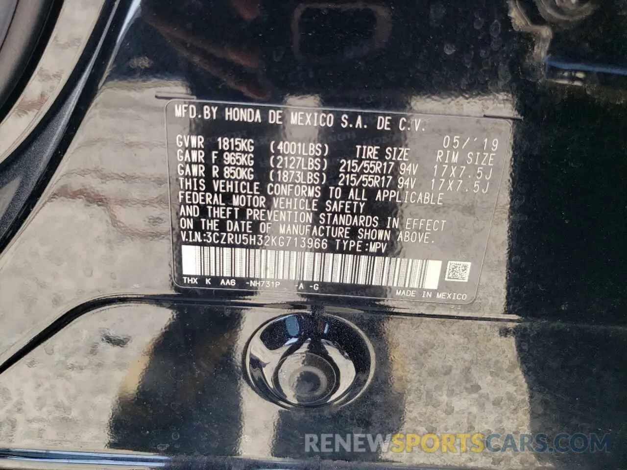 14 Photograph of a damaged car 3CZRU5H32KG713966 HONDA HR-V 2019