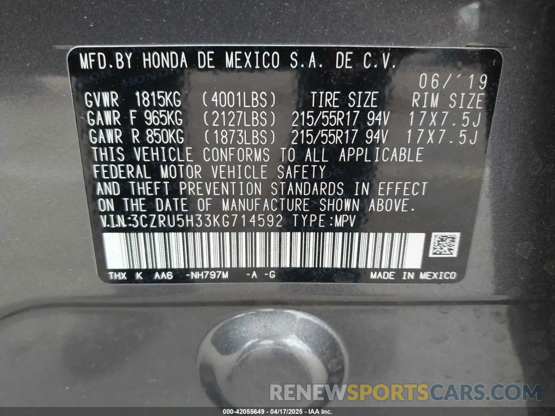 9 Фотография поврежденного автомобиля 3CZRU5H33KG714592 HONDA HR-V 2019