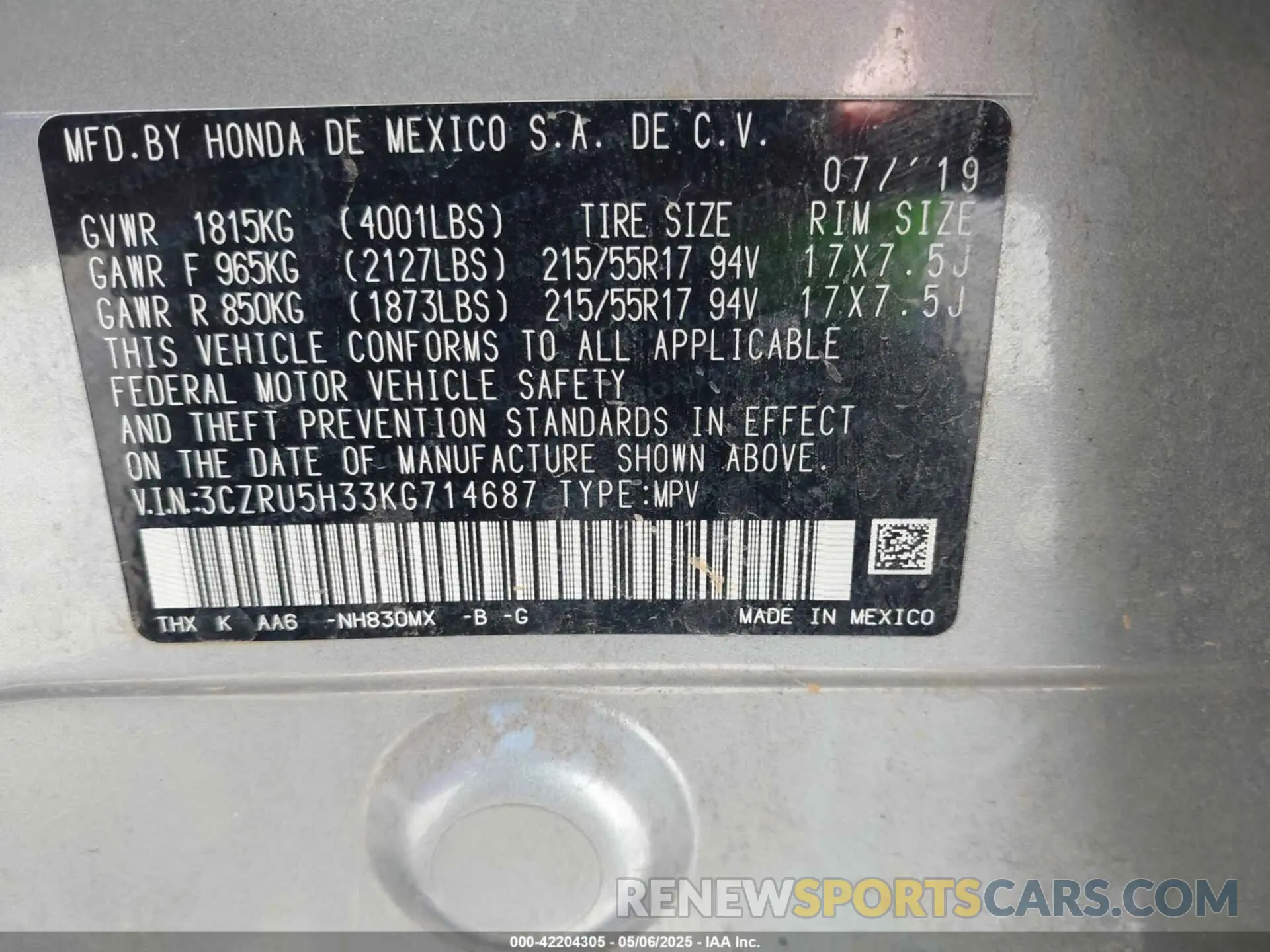 9 Photograph of a damaged car 3CZRU5H33KG714687 HONDA HR-V 2019