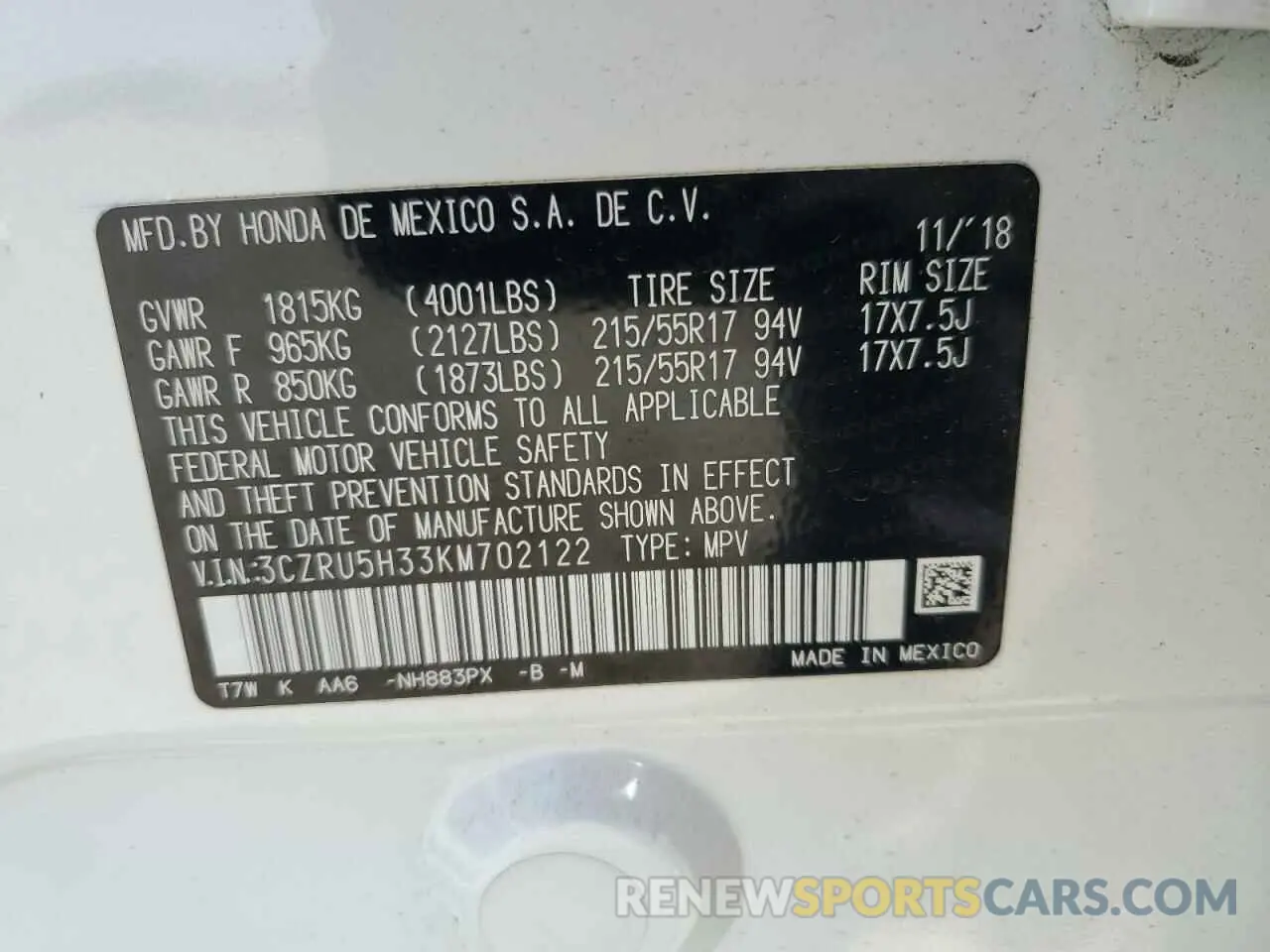 14 Photograph of a damaged car 3CZRU5H33KM702122 HONDA HR-V 2019