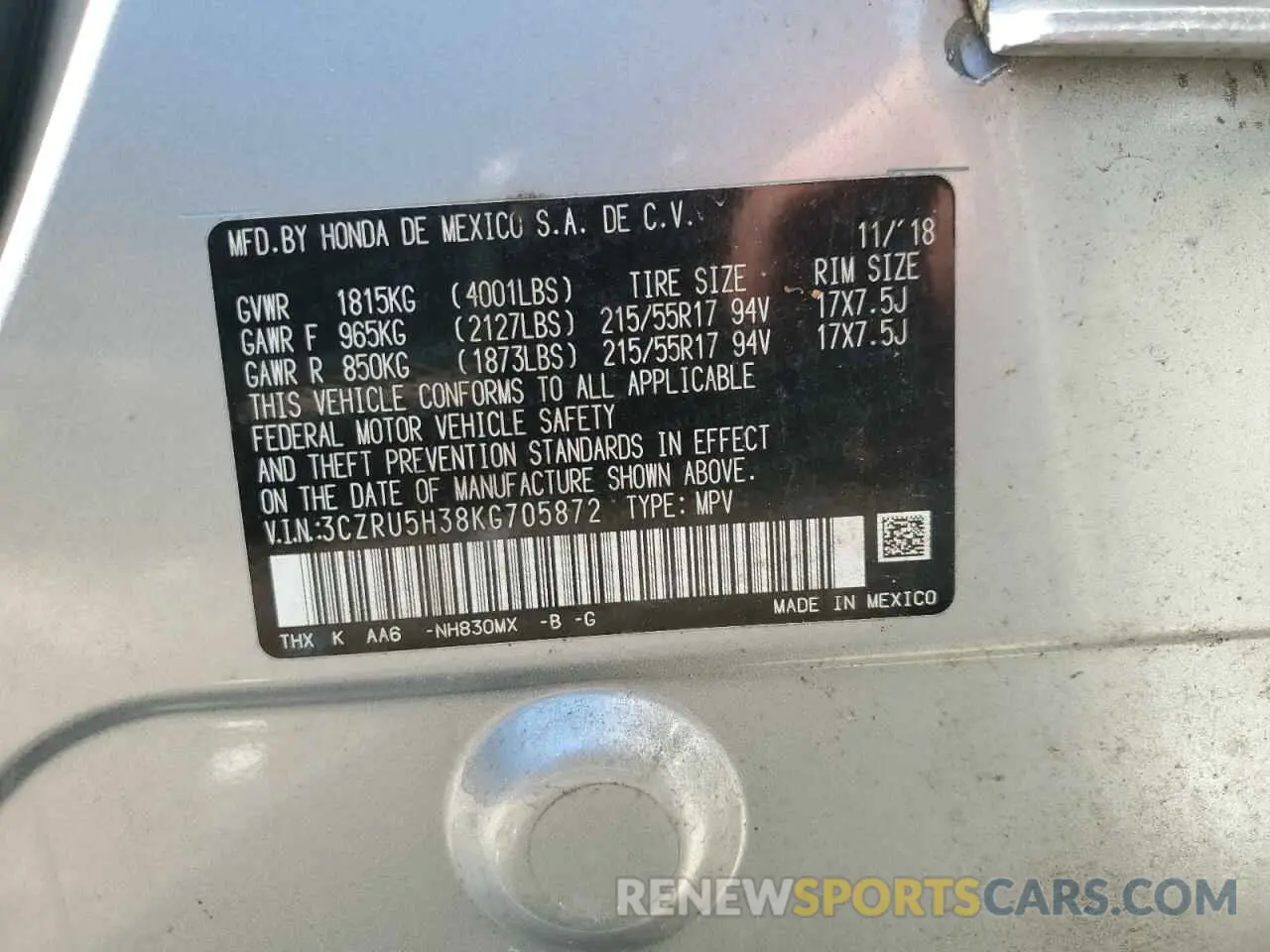 12 Photograph of a damaged car 3CZRU5H38KG705872 HONDA HR-V 2019