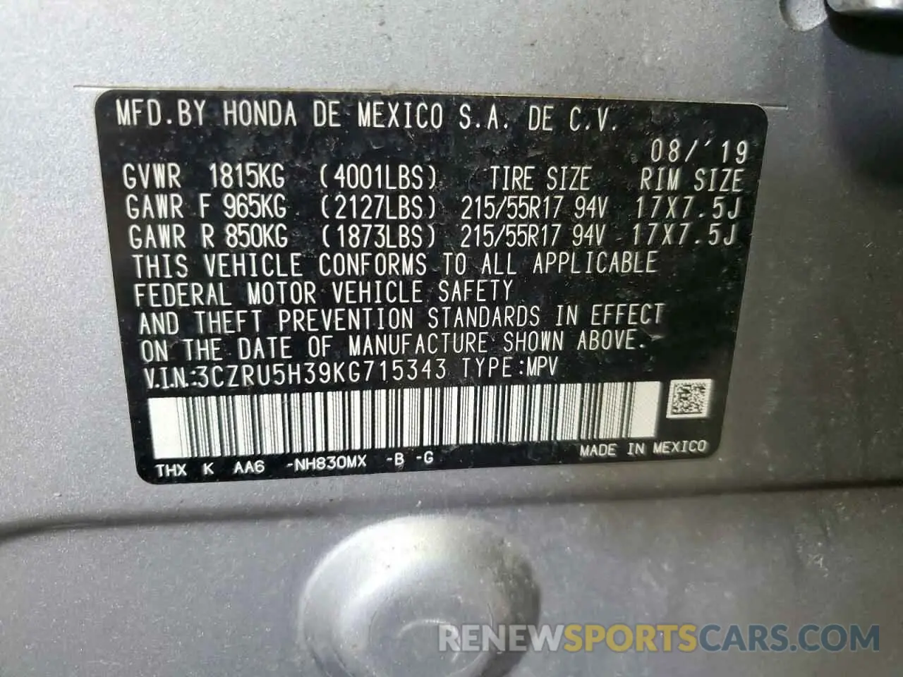 13 Photograph of a damaged car 3CZRU5H39KG715343 HONDA HR-V 2019